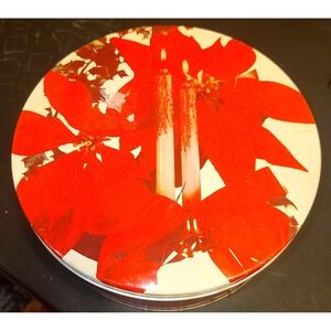 1950's Christmas‎ Cookie Tin White Background Red Poinsettia White Candles 8" Rd
